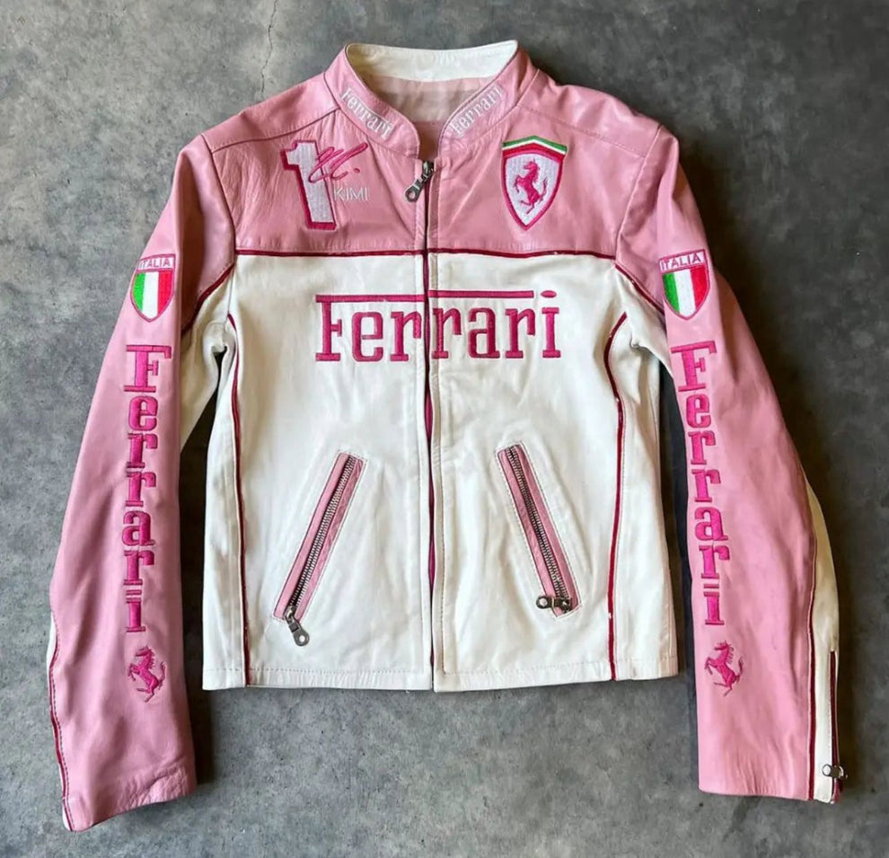 Pink Ferrari Racing Leather Jacket – Limited Edition Motorsport Style