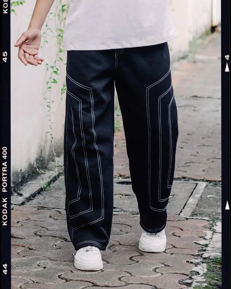 Black Contrast Stitch Baggy Track Pants