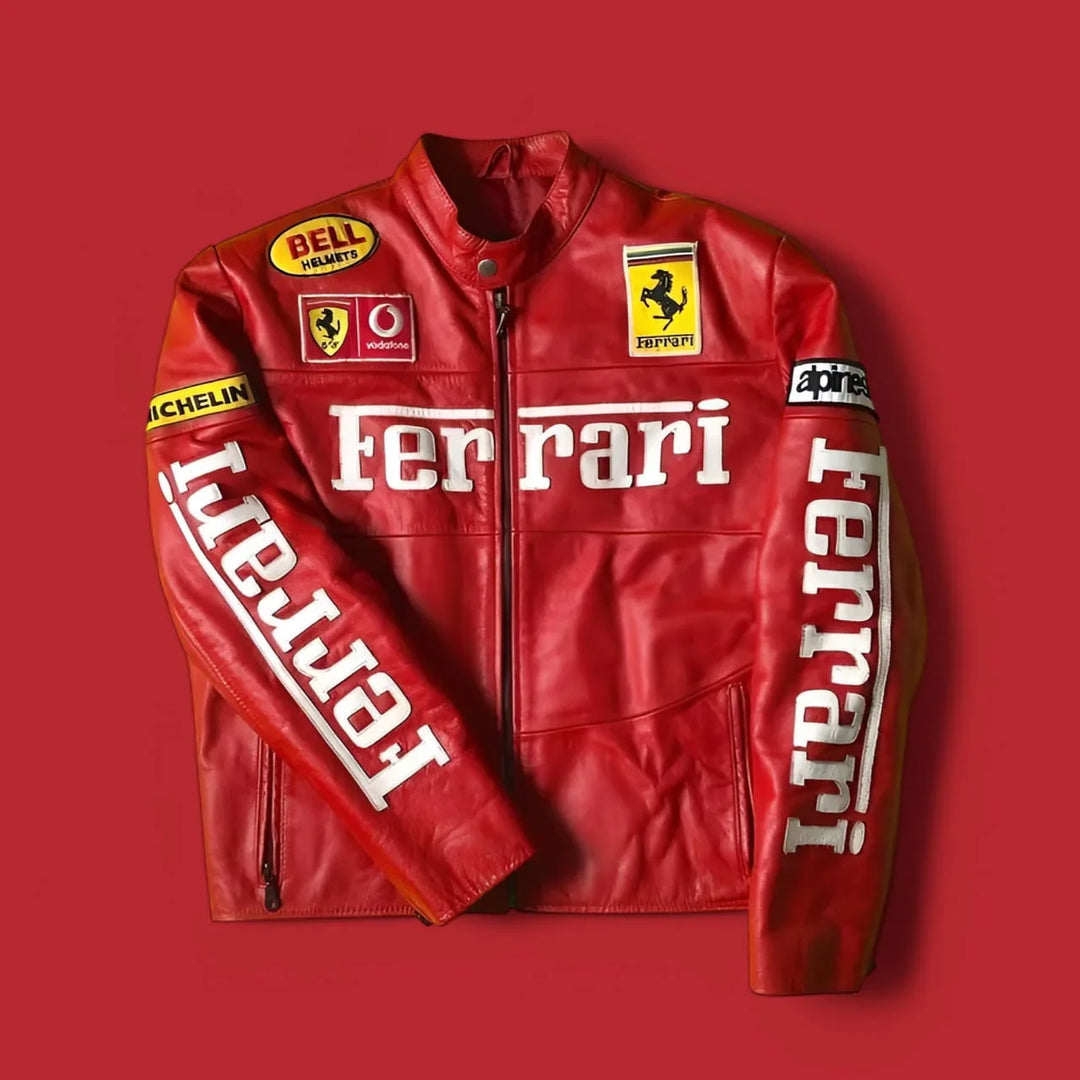 Ferrari Red F1 Leather Racing Jacket – Premium Motorsport Style