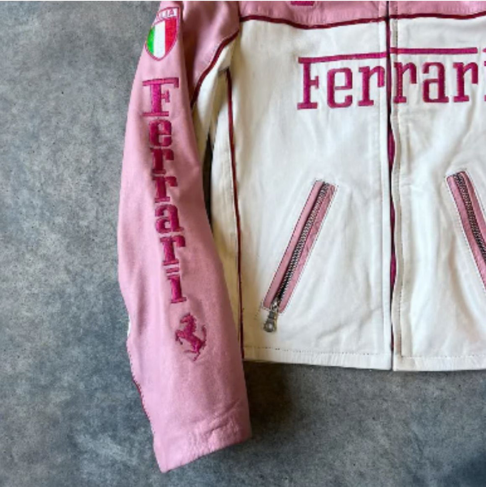 Pink Ferrari Racing Leather Jacket – Limited Edition Motorsport Style