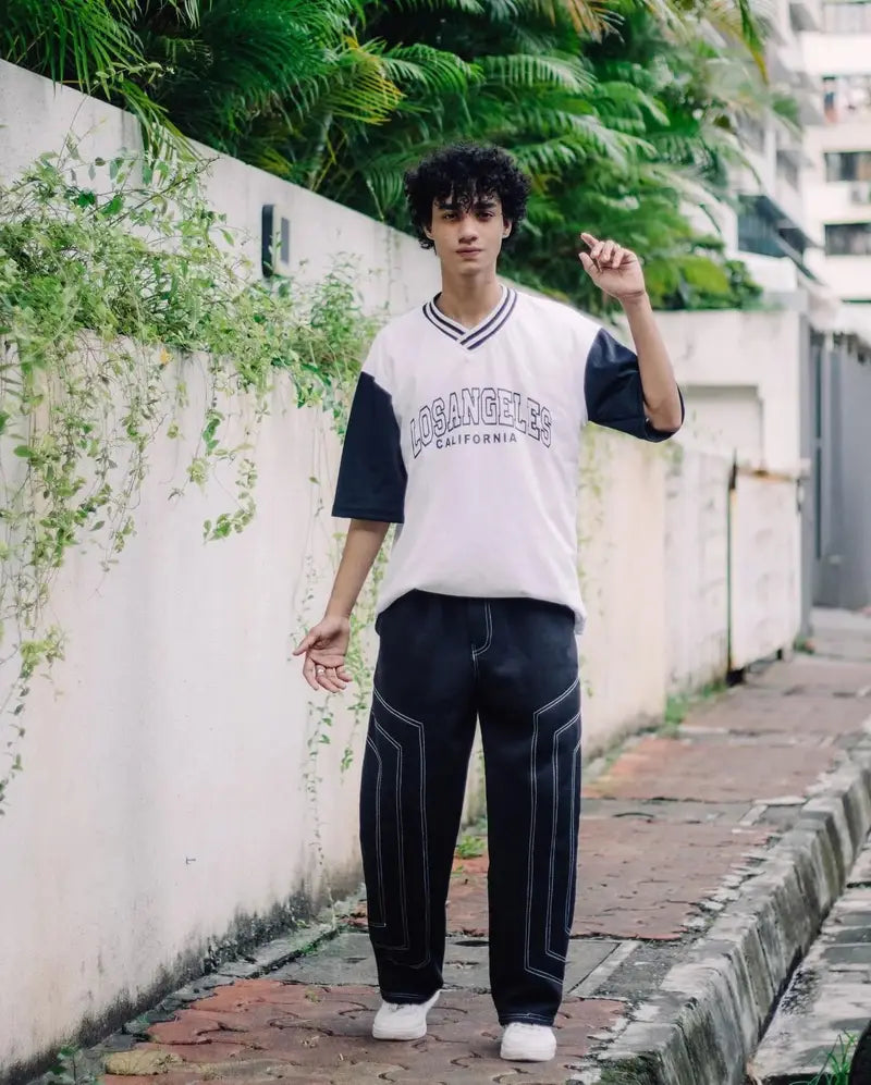 Black Contrast Stitch Baggy Track Pants