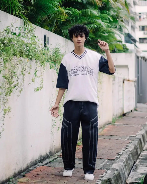 Black Contrast Stitch Baggy Track Pants