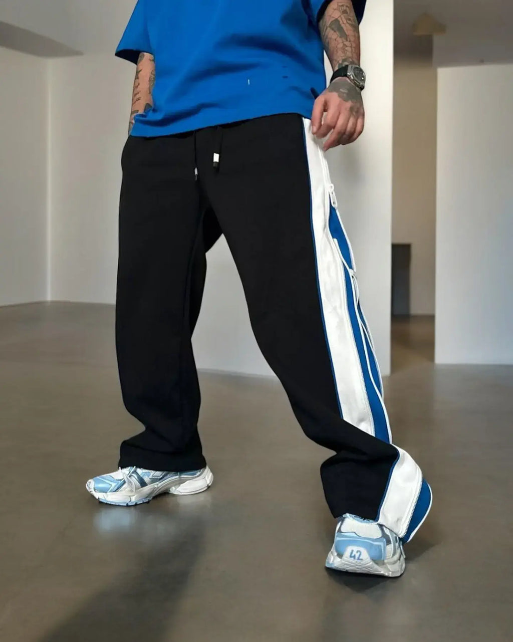 Double-Zip Blue Wide-Leg Urban Baggy Pants