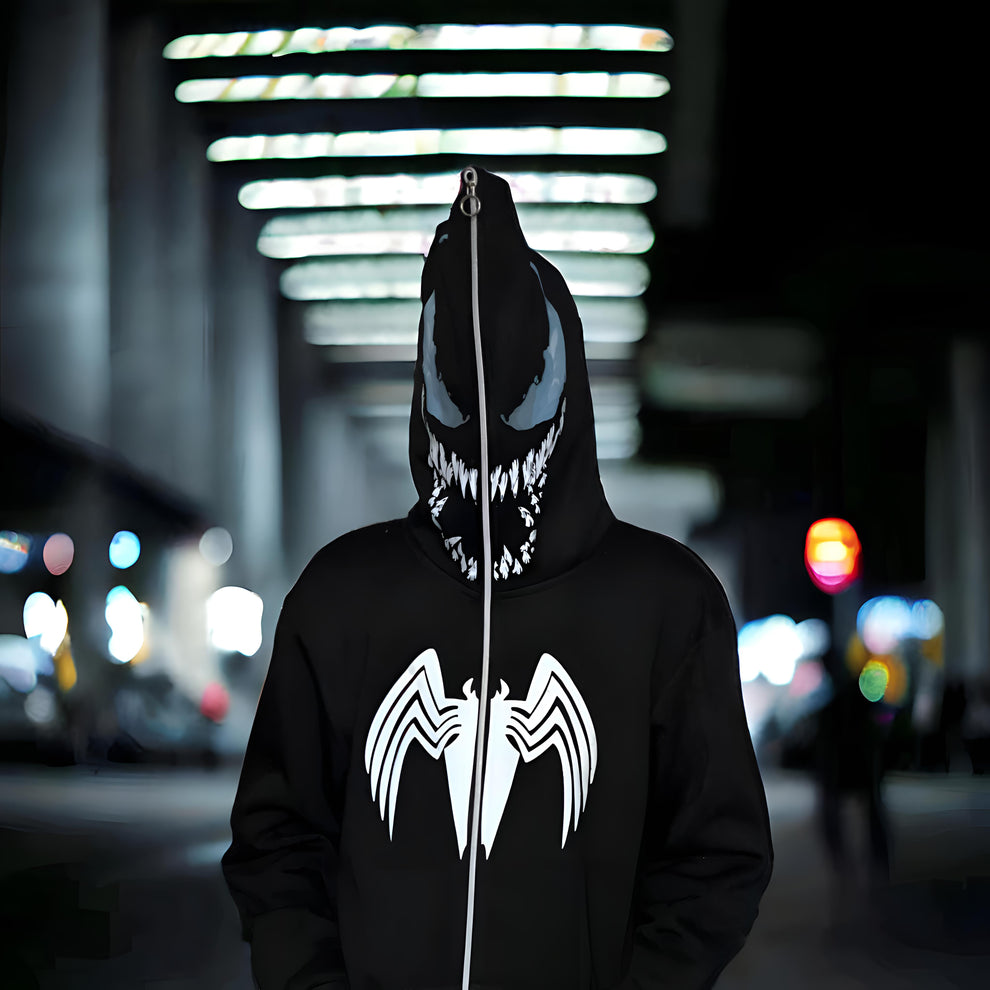 Venom-Inspired Sleek Black Zip-Up Hoodie