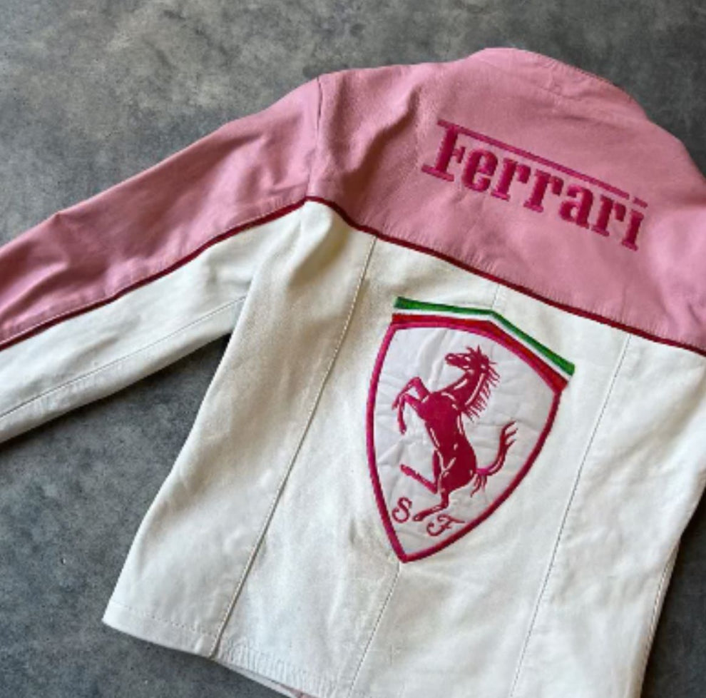 Pink Ferrari Racing Leather Jacket – Limited Edition Motorsport Style