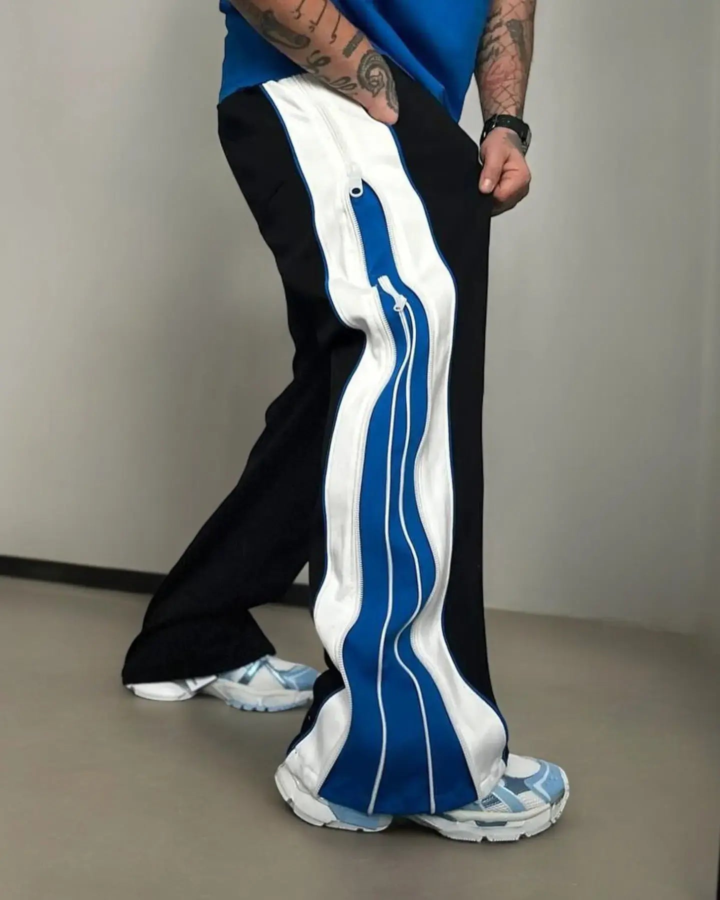 Double-Zip Blue Wide-Leg Urban Baggy Pants